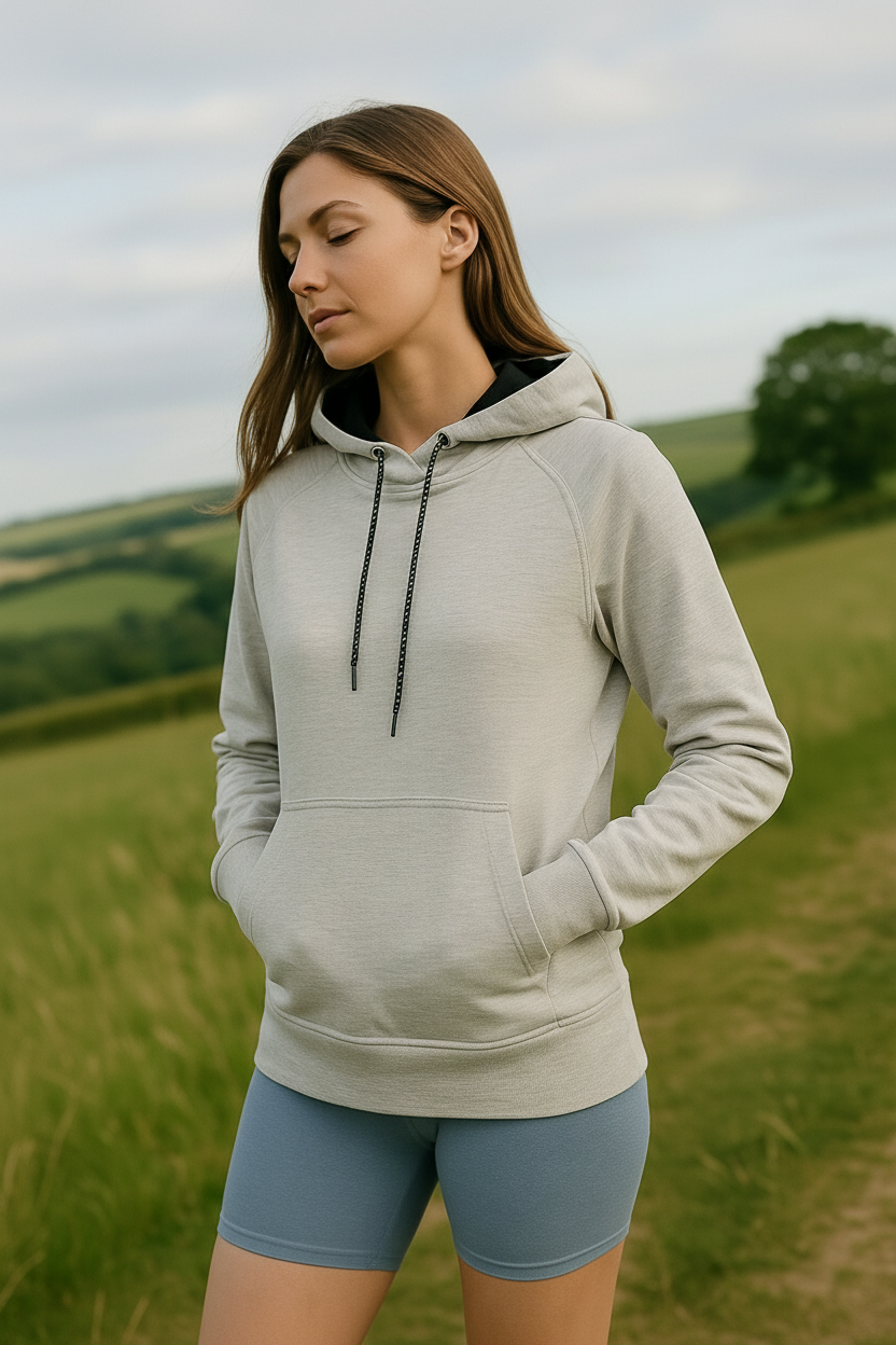 Woman wearing a light gray hoodie and blue shorts standing in a green field.