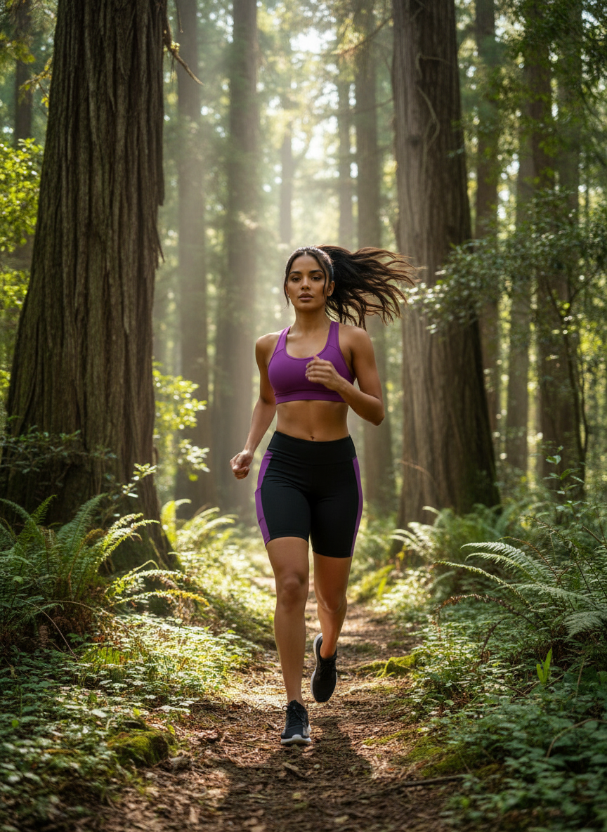 Woman running through a forest path with sunlight filtering through the trees